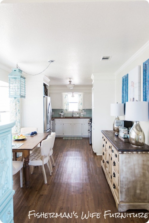 white kitchen aqua accents