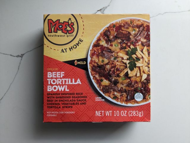 Moe's Southwest Grill Beef Tortilla Bowl Frozen Meal packaging.
