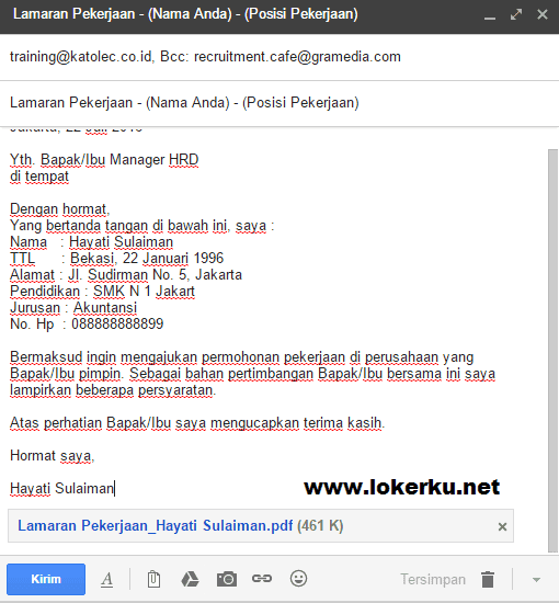 Contoh Body Email Lamaran Kerja