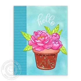 Sunny Studio Blog: Peony & Terracotta Pot Sequin Shaker Card (using Potted Rose & Pink Peonies Stamps, Striped Silly Paper)