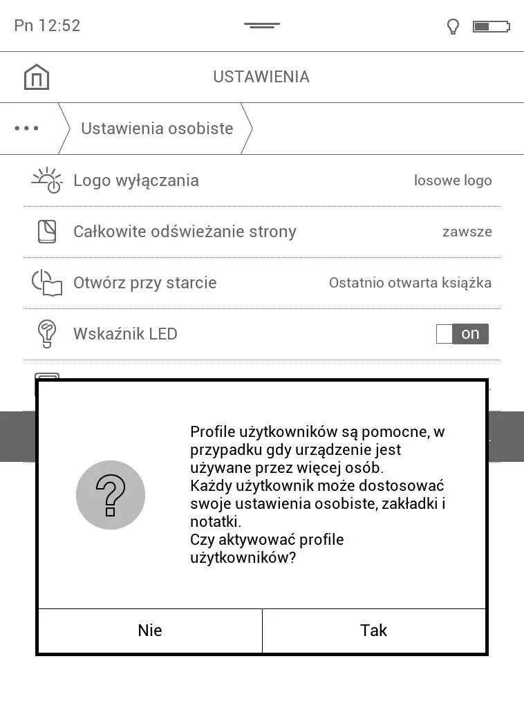 PocketBook Touch Lux 4 – komunikat pojawiający się przy włączaniu funkcji profile osobiste