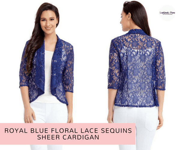 Royal Blue Floral Lace Sequins Sheer Cardigan | Lookbook Store