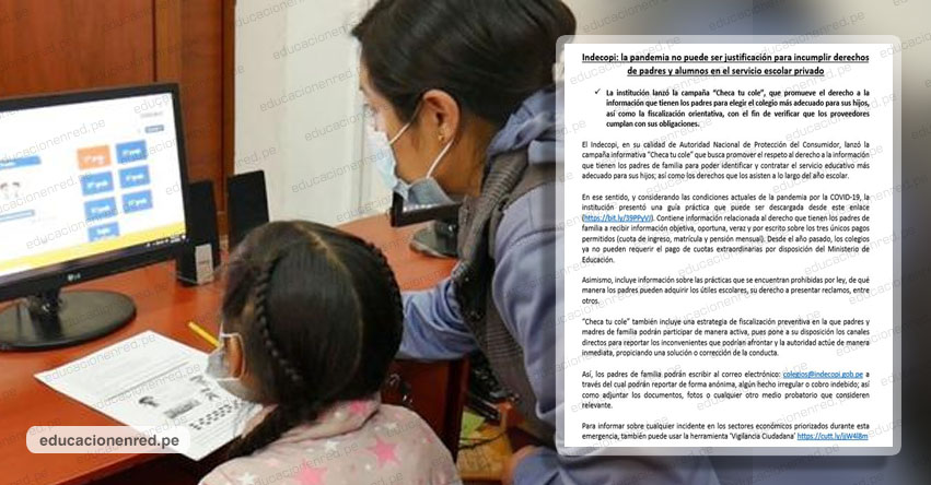 INDECOPI advierte que colegios privados solo pueden hacer tres cobros: Cuota de ingreso, Matrícula y Pensión mensual