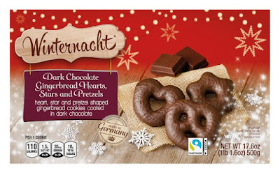 A box of Aldi assorted dark chocolate-covered gingerbread cookies.