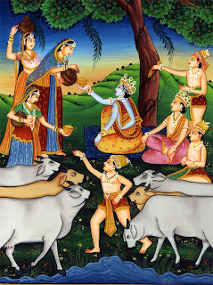 The Brahmins’ wives, irresistibly attracted to Krishna, give to him and his companions the food meant for their husbands. Kangra painting, eighteenth century.