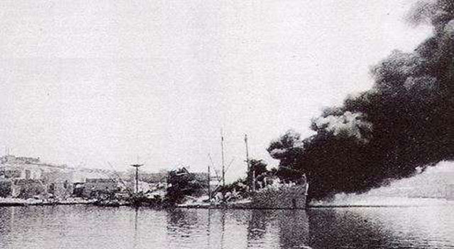 British freighter Pampas burning at Malta, 26 March 1942 worldwartwo.filminspector.com