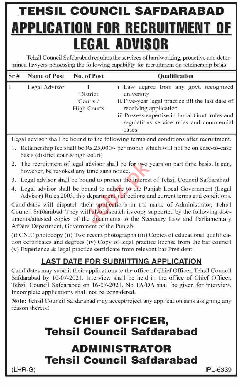 Tehsil Council TMA Safdarabad Jobs 2021 for Legal Advisor