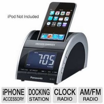 Panasonic Clock Radio For iPod/iPhone, Memory Loader Application, Clear Sound, Nap Feature, Dual Alarm Mode, 5 FM/5 AM Station Presets, Universal Dock For iPod/iPhone