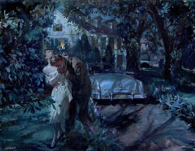 a John Gannam illustration of a couple kissing passionately in the moonlight