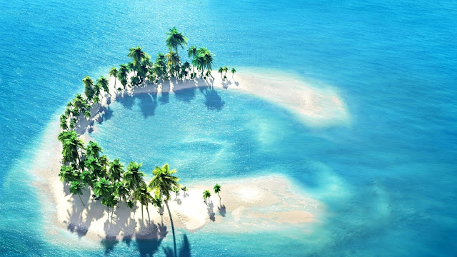 Mooie wallpaper met een tropisch eiland met palmbomen er op.