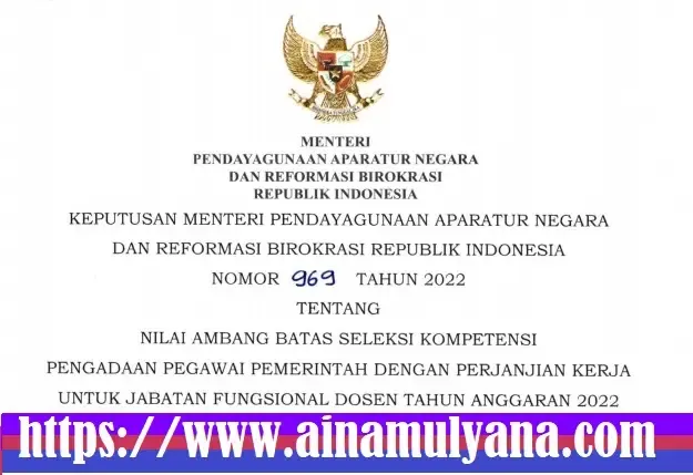 Kepmenpan RB Nomor 969 Tahun 2022 Tentang Nilai Ambang Batas Seleksi Kompetensi PPPK Jabatan Fungsional Dosen Tahun 2022