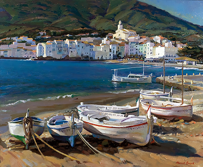 Barcas en Cadaqués, Miguel Bosch, Painting of Cadaqués, Cadaqués en Pintura, Cadaqués Pintada, Vistas de Cadaqués, Paisajes de Cadaqués, Costas de Cadaqués, Pueblo de Cadaqués, Marina de Cadaqués, Puerto de Cadaqués