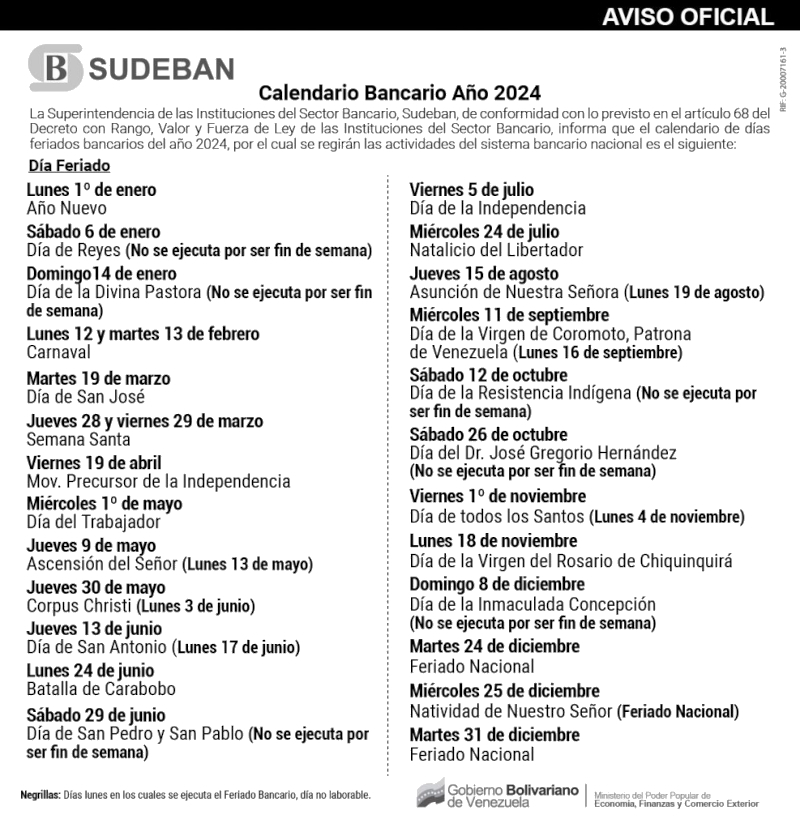 calendario bancario 2024 venezuela