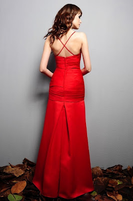 Matte+Satin+Fit+Red+Fabric+Straps+Halter+Length+Bridesmaid+Dress