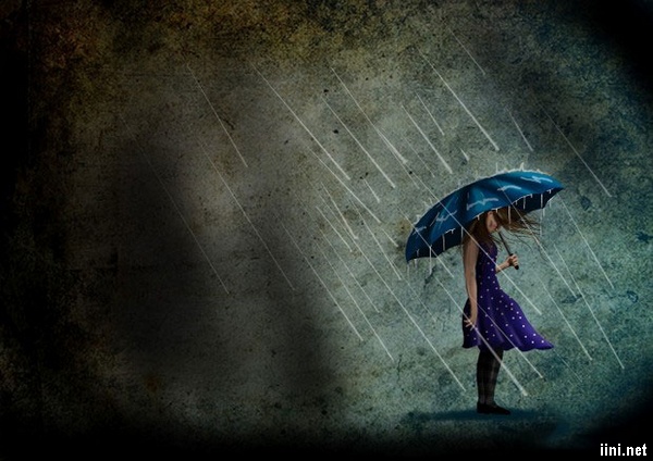 ảnh hoạt hình cô gái đi dưới mưa