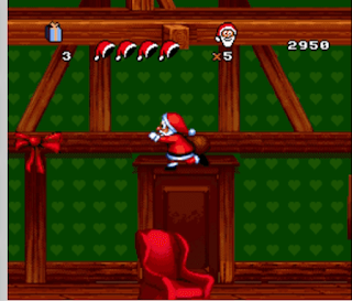 score 2950. four santa hats here, 3 Christmas presents, shows santa in cartoon style here in like old style of green house with hearts for wallpaper plus red stair below him allowing him to jump