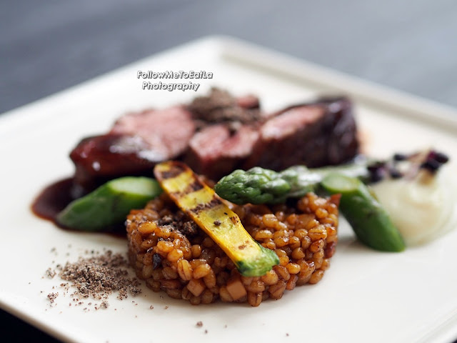 Slow Cooked Lamb Rump Mushroom Barley, Roasted Artichoke Puree, Chocolate Ale Reduction RM 75