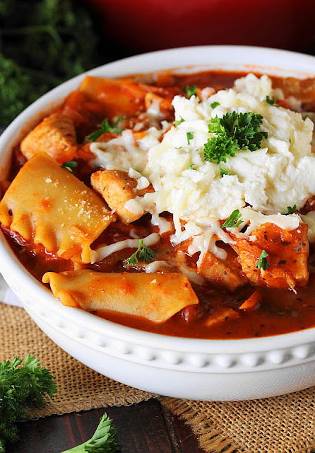 Close-Up of Noodles in a Bowl of Chicken Lasagna Stew Image