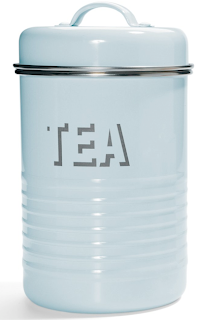 baby blue tea canister; says Tea on the front