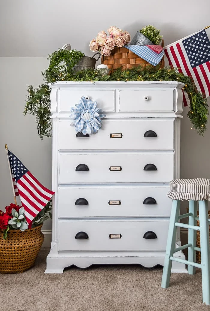 white vintage dresser, flags, patriotic decor