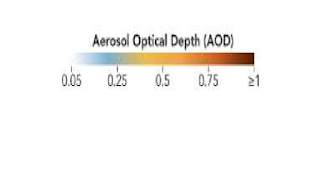 Hues in the map show Aerosol Optical Depth