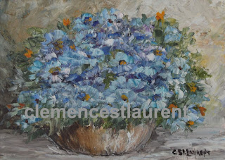 Blue bouquet, 5 x 7 oil painting of small blue flowers in a vase, by Quebec artist Clemence St. Laurent