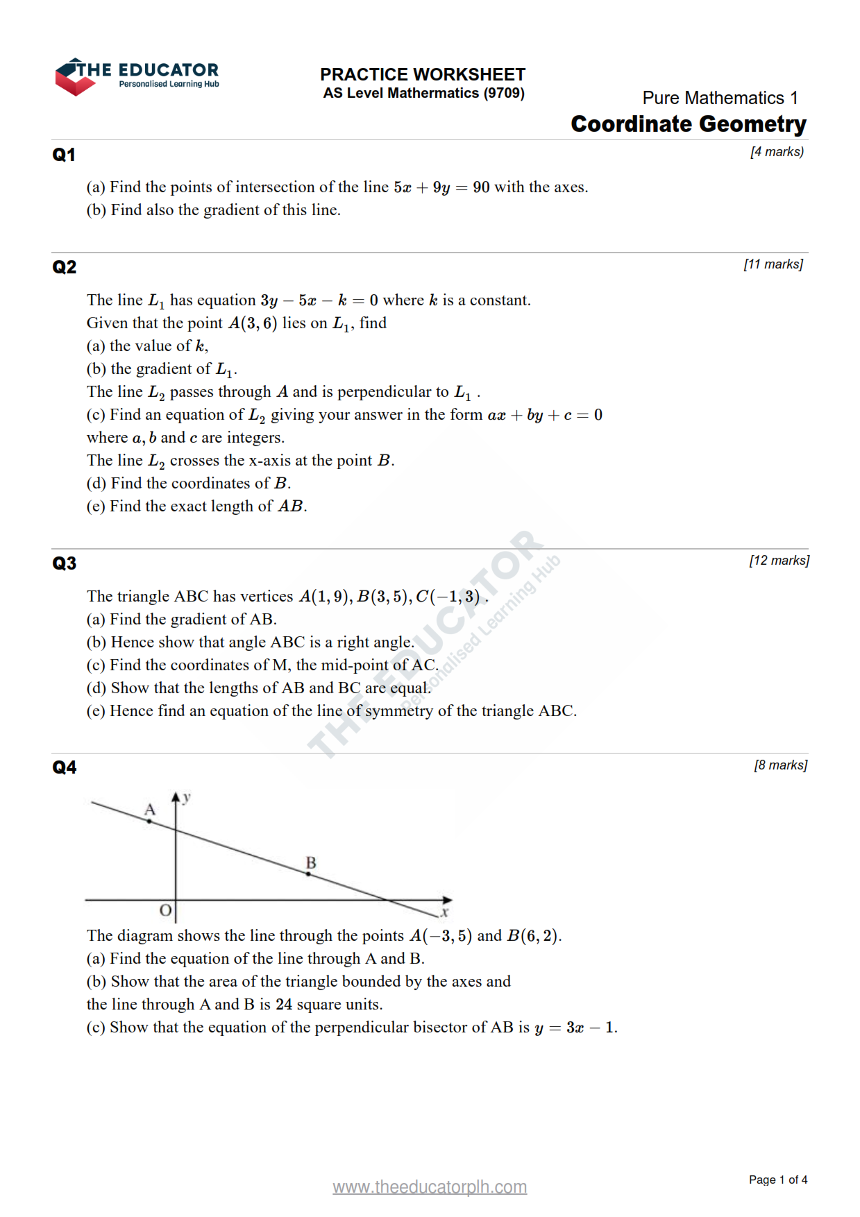 Pure Maths 9709 Coordinate Geometry Worksheet - 1