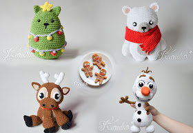 Krawka: Christmas crochet patterns, Christmas CAT tree, polar bear, reindeer Sven, frozen snowman Olaf, free pattern for Gingy the Gingerbread man by Krawka