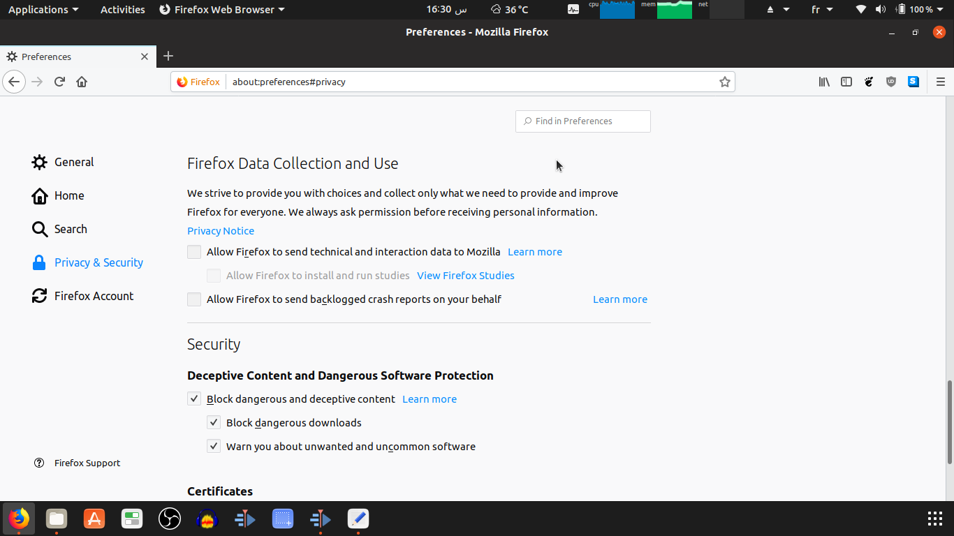 Disable Firefox data collection and use