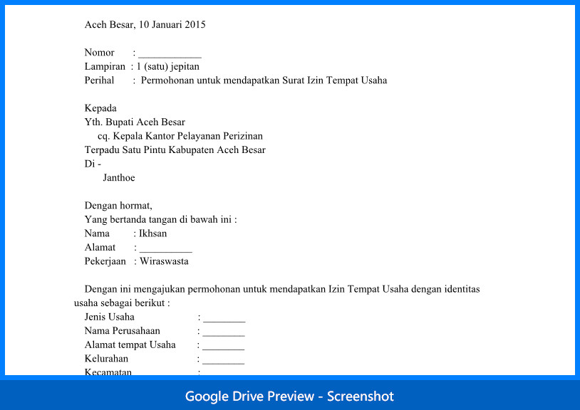 Contoh Surat Permohonan Tempat Usaha