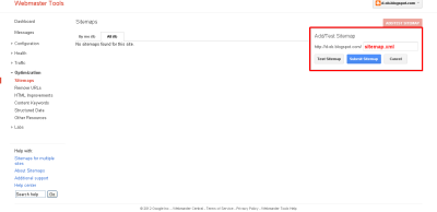 Tambah sitemap di perkakas webmaster