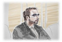 An artist's impression of Kim De Gelder on the first day of his trial at Gent's courthouse on February 22, 2013. A nursery killer disguised as Batman villain 'The Joker' told a court on Monday he was left "no choice" but to stab to death two toddlers and their minder at a Belgian creche -- despite saying he knew murder was wrong