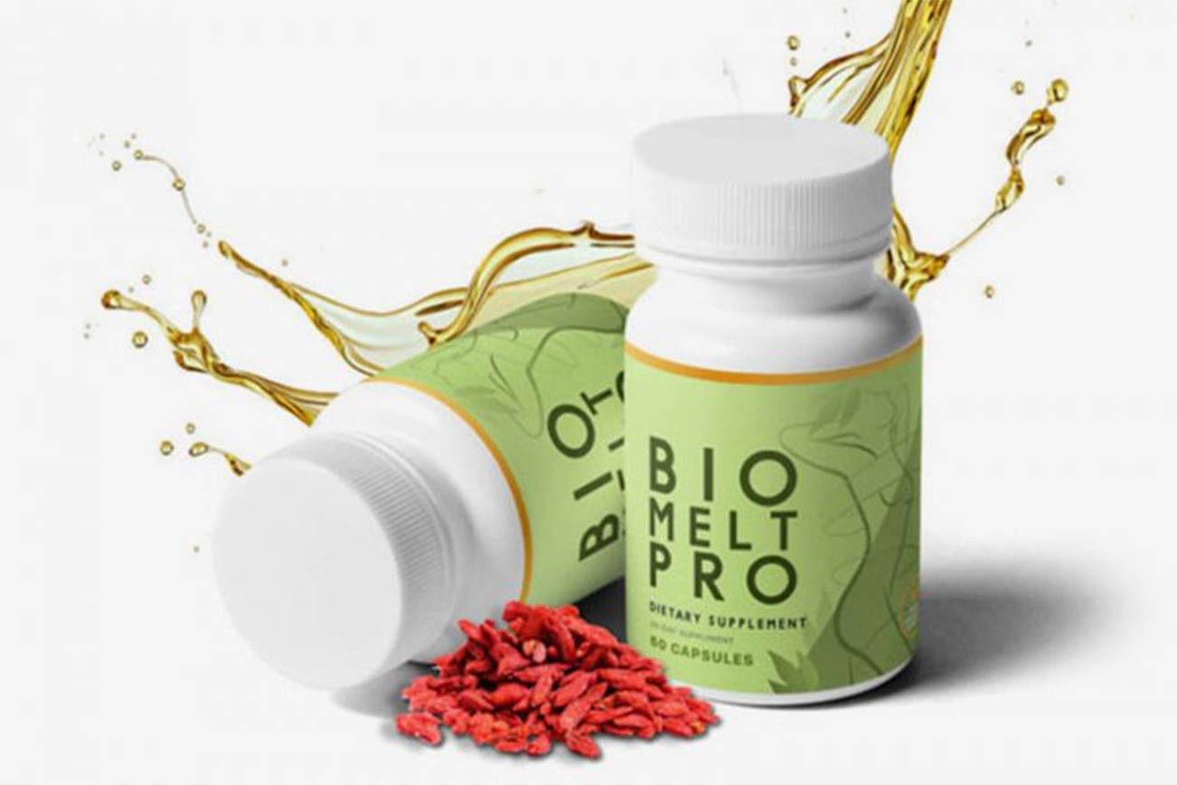 Two containers of Bio melt pro weight loss diet pills with one standing erect and the other lying in a horizontal position