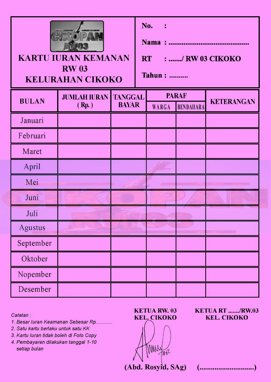 CIKOPAN86: Contoh Kartu Iuran Warga,Iuran Keamanan dan 