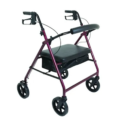 A rollator walker with a seat for resting or carrying objects