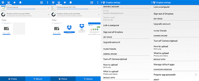 Tải và cài đặt ứng dụng từ CH Play   Dropbox mặc định sẽ tự động sao lưu ảnh full-size, đảm bảo kho ảnh của bạn sẽ được lưu giữ lại toàn bộ. Hạn chế của Dropbox đó là dung lượng ban đầu hơi nhỏ, chỉ có 2GB, nếu bạn đang sử dụng máy HTC hay Samsung thì bạn sẽ có thêm 25GB lưu trữ. Có một cách khác để tăng thêm dung lượng lưu trữ là mời bạn bè sử dụng ứng dụng. Để sử dụng, bạn chạy Dropbox, chọn Menu, Settings, Turn on Camera Upload. Sau đó, ứng dụng sẽ tự động sao lưu tất cả ảnh của bạn. 