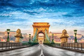 Pic with great perspective looking down the road over the Chain Bridge, Budapest, Hungary