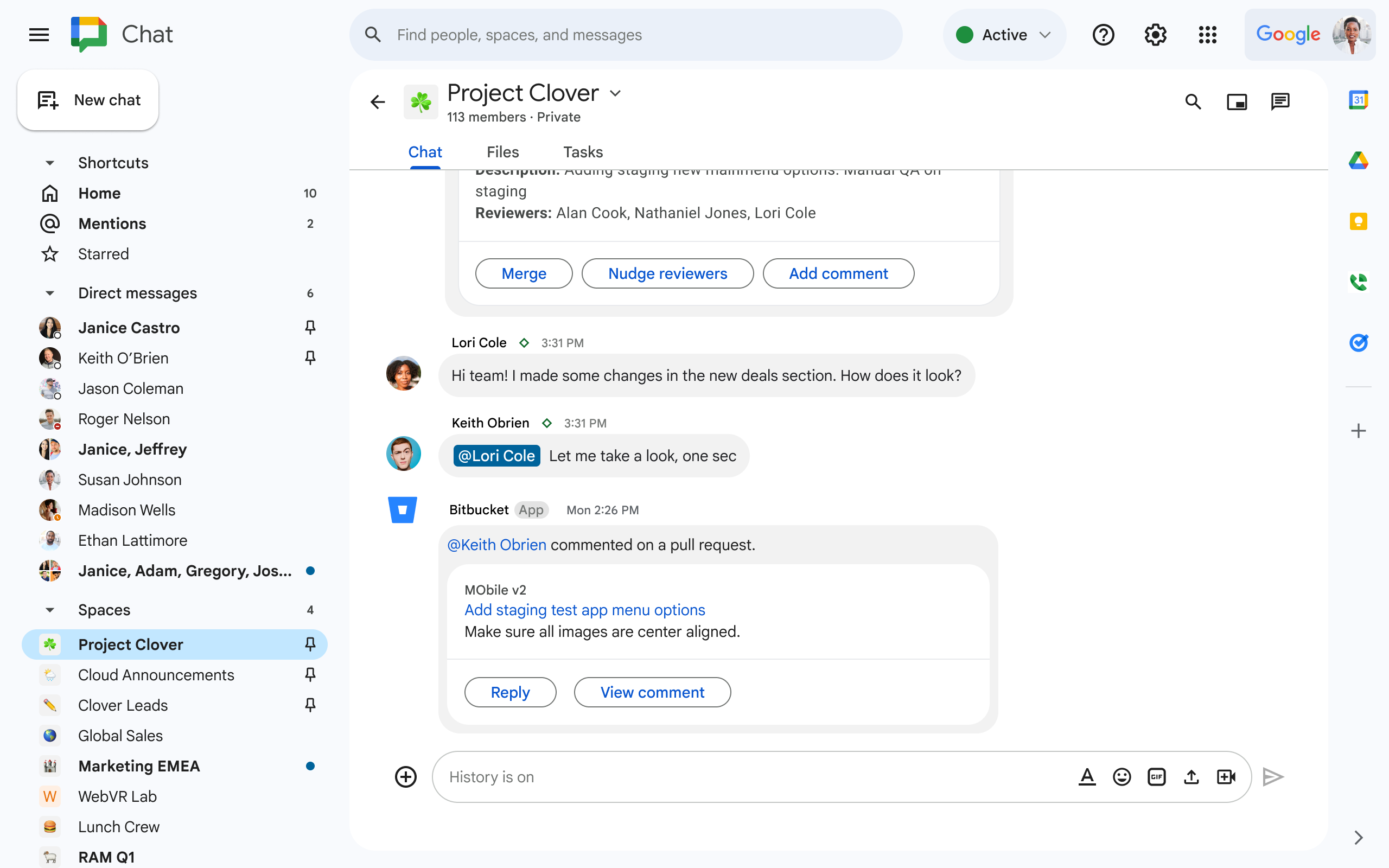 Application Bitbucket pour Google Chat