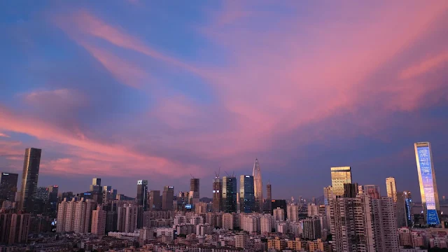 Wallpaper Evening, Pink Sky, City, Buildings