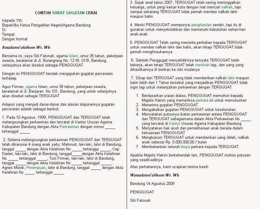 Contoh Surat Gugatan Cerai Di Pengadilan Agama  Wisata 