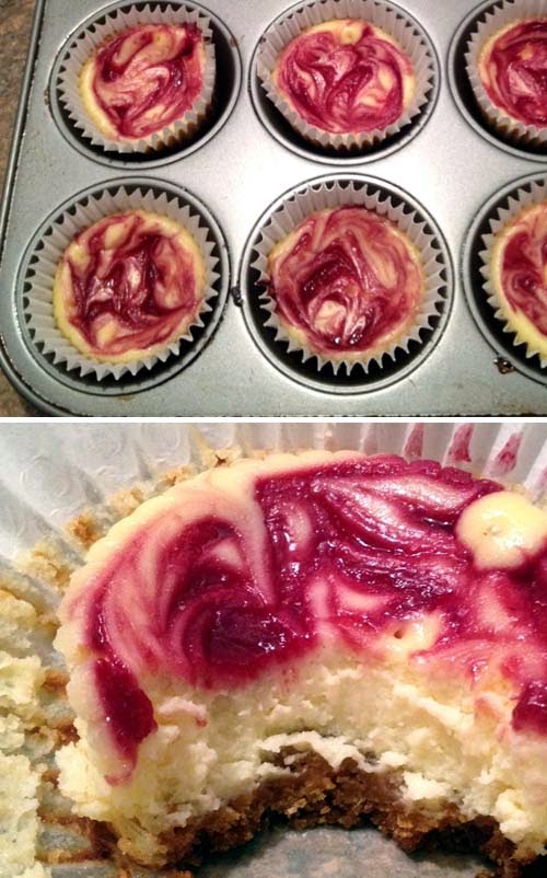 Mini Raspberry Swirl Cheesecake Cupcakes w/ Graham Cracker Crusts. I followed a video to make these desserts for a party. Yummy!