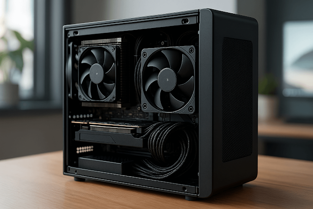 소형 SFF PC 내부 조립 구성과 듀얼 팬 그래픽카드, 정돈된 케이블 배치