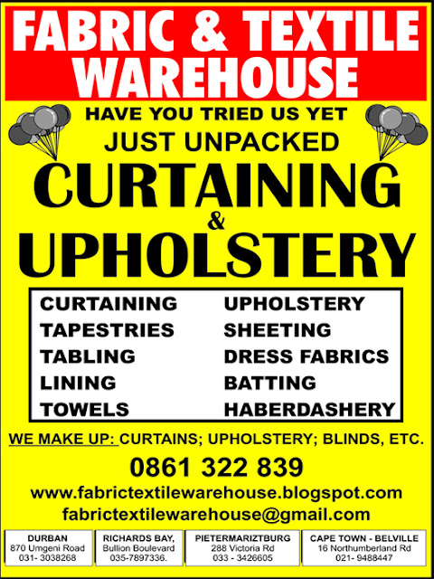 visit us, email us or call us on 0861 322 839 to find out about our great range of upholstery and curtaining fabric just unpacked