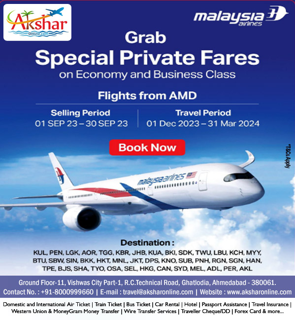 Malaysia Airline - Grab Special Private Fares on Economy and Business Class -"Unlock Unbeatable Airfares! 🌍  🛫 Looking for the best deals on domestic and international flights? Search no more! At Akshar Travel Services, Ghatlodia, Ahmedabad, we're your go-to source for affordable air tickets that won't break the bank.  ✈️ Why Book with Us?  Unbeatable Rates: We scour the market to bring you the lowest airfares. Expert Assistance: Our experienced team ensures you get the best value for your money. Seamless Booking: Stress-free reservations, hassle-free travel. 24/7 Support: We're here for you every step of the way., Malaysia special flight fares from Ahmedabad, Private flight deals to Malaysia from Ahmedabad, Exclusive flight offers to Malaysia from Ahmedabad, Ahmedabad to Malaysia flight discounts, Best deals on flights to Malaysia from Ahmedabad, Private airfare promotions for Malaysia, Ahmedabad to Malaysia flight packages, Discounted flights to Malaysia from Ahmedabad, Malaysia flight deals from Ahmedabad, Ahmedabad to Malaysia airfare specials,