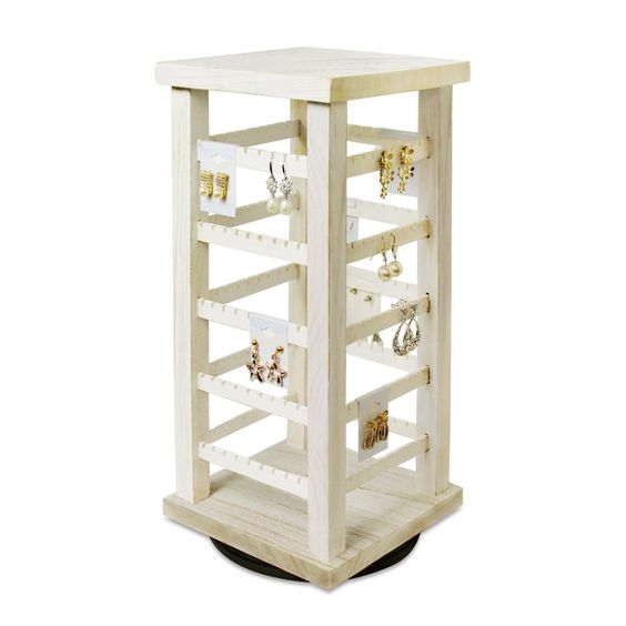 #WD3600-WH Natural Wood Rotating Jewelry Earring Storage Display