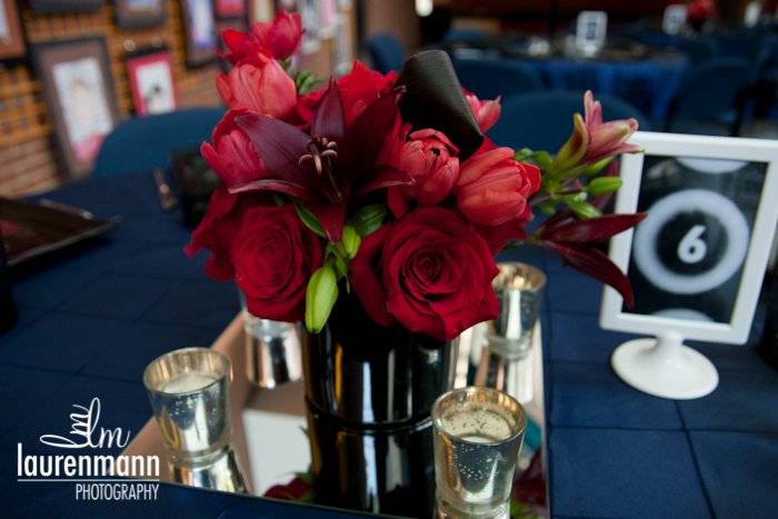 Deep Red Black Burgundy flowers filled black glass containers