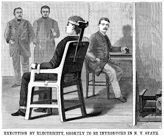 An etching or illustration for publication in black and white of a man seated in a chair with his head restrained, wires are coming from the chair and there are three men looking on, one of whom is holding a book and wearing a cross, another is seated and holding a switch.