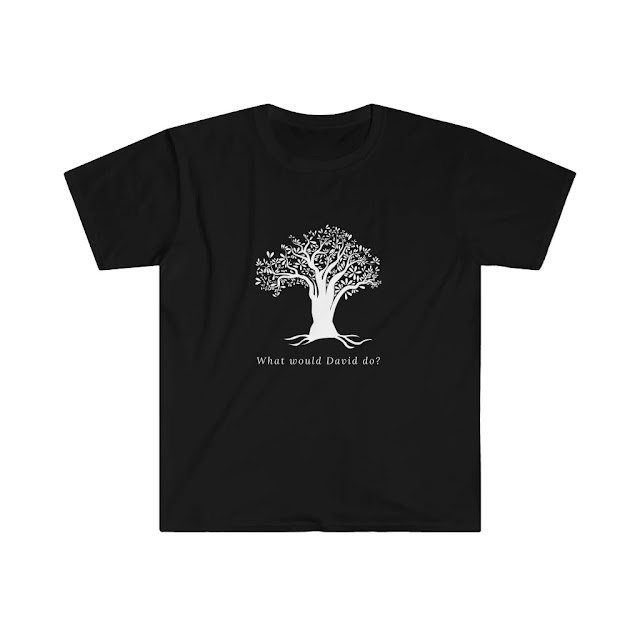 Black T-shirt with tree design saying What would David do?  by Leaf Living UK