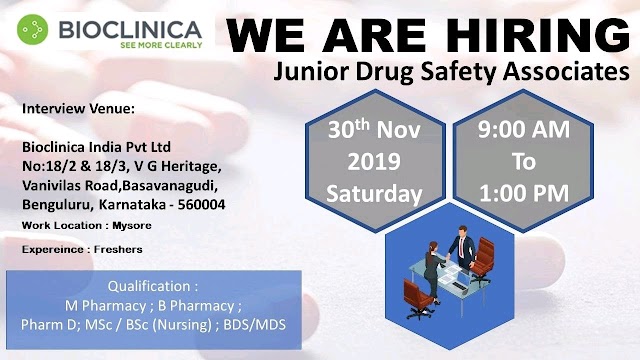 Bioclinica | Walk-in at Bangalore on 30 Nov 2019 | Pharma Jobs in Bangalore