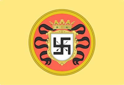 Coat of arms of Hasekura Tsunenaga on a yellow banner, showing a swastika and other iconography.